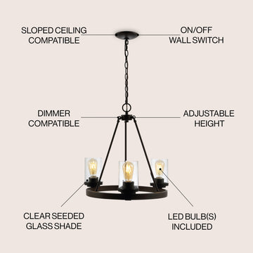 Coronet 20" 3-Light Iron/Seeded Glass Rustic Farmhouse LED Chandelier - JONATHAN Y